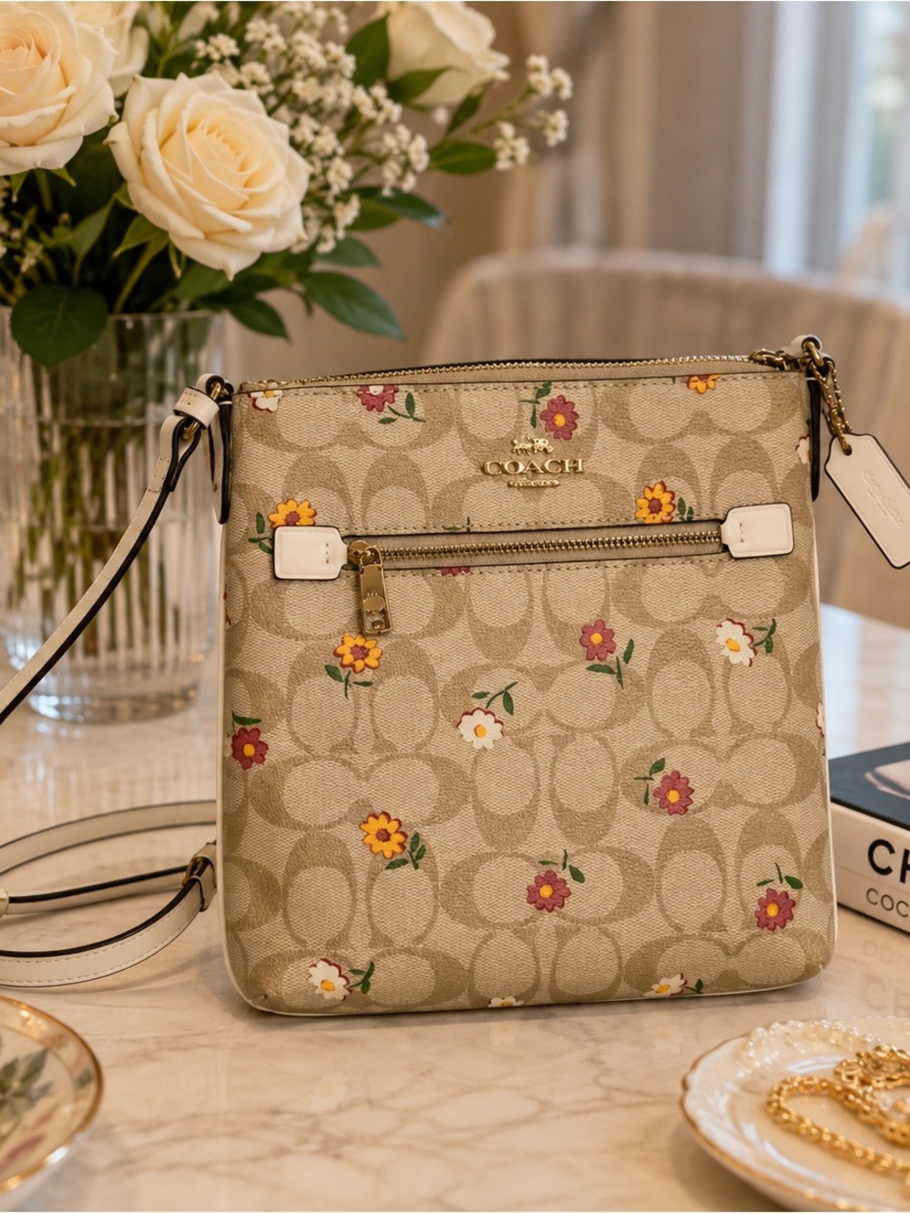 Coach Mini Rowan File Bag in Signature Canvas with Nostalgic Ditsy Print.